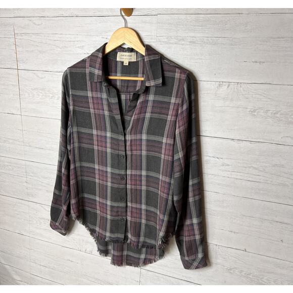 Anthropologie Cloth & Stone Top Womens Size Medium Gray & Pink Plaid Flannel - Picture 5 of 16